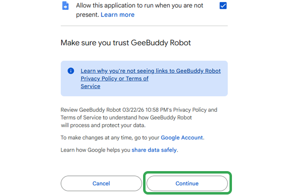 Confirm permissions Continue button